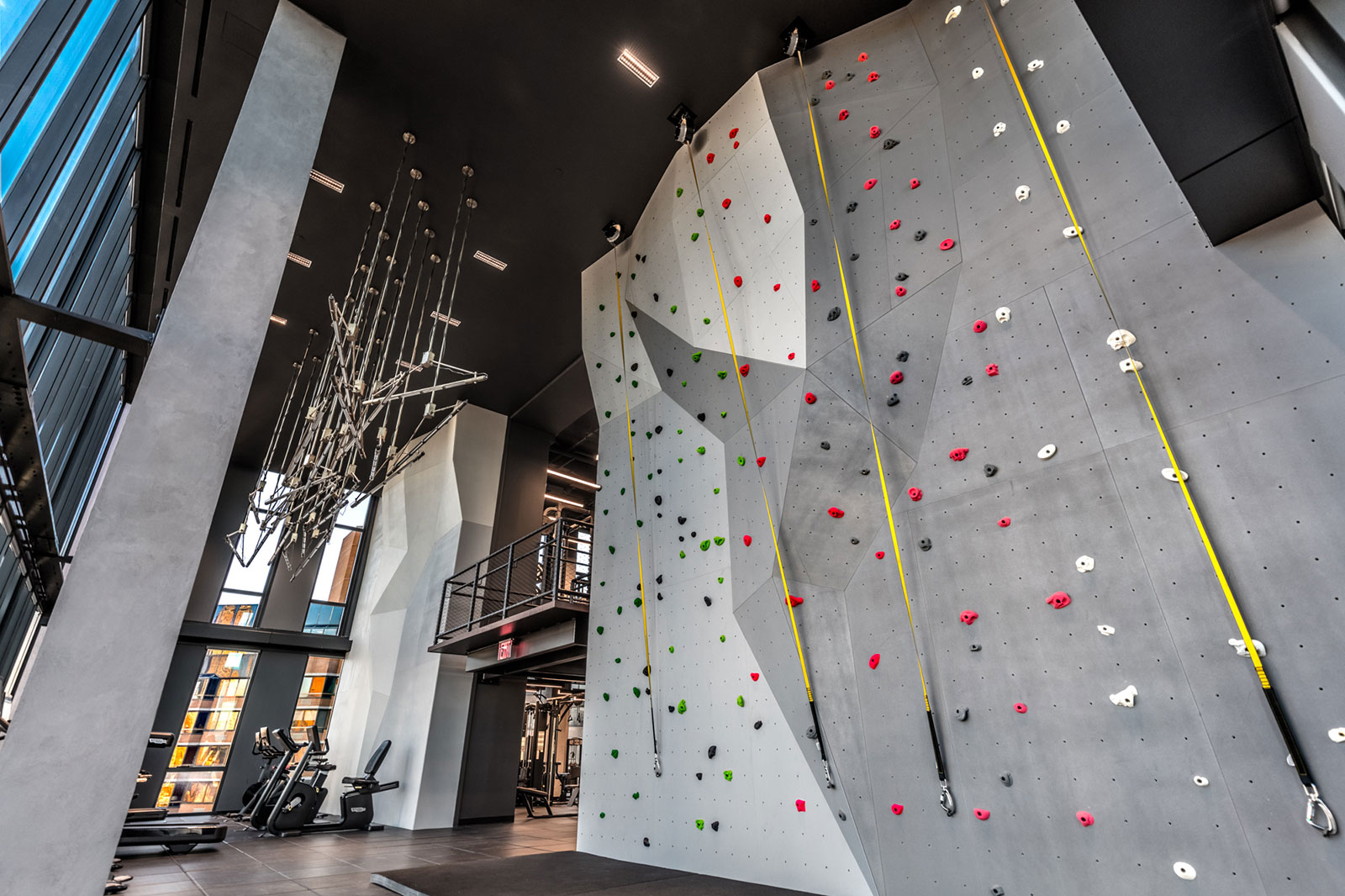 State of the art climbing wall, located in the fully equipped gym at The Copper, luxury apartments for rent in Murray Hill.