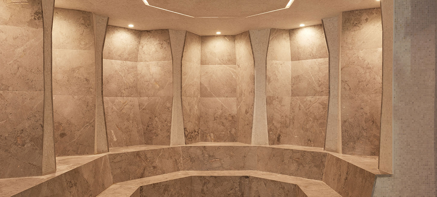 Gorgeous marble steam room offering residents at The Copper a luxurious space to relax, located in Murray Hill