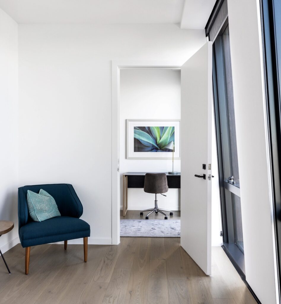 Workspace in an apartment at The Copper in Murray Hill featuring a sleek desk and clean, functional design for productivity.